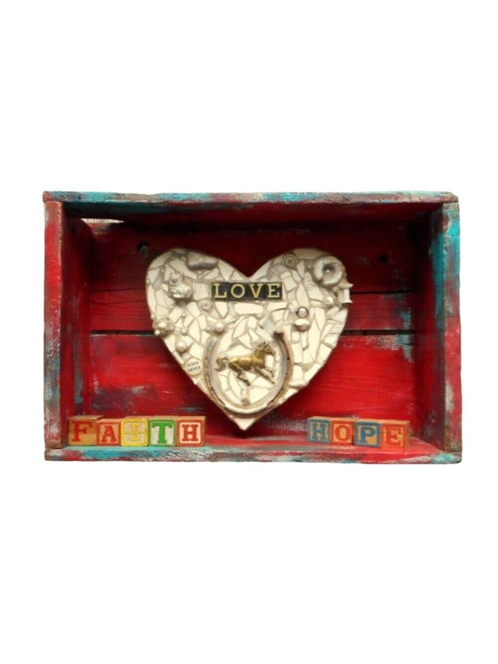Country Heart Assemblage Wall Art Diorama Red Turquoise Blue Horse Whimsical